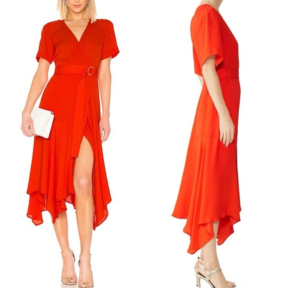 A.L.C. Claire Red Silk Wrap Handkerchief Midi Dress Size 2 NWT $575 - Picture 2 of 15